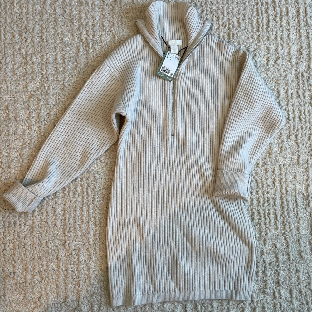 NWT H&M Beige Knit Quarter Zip Dress